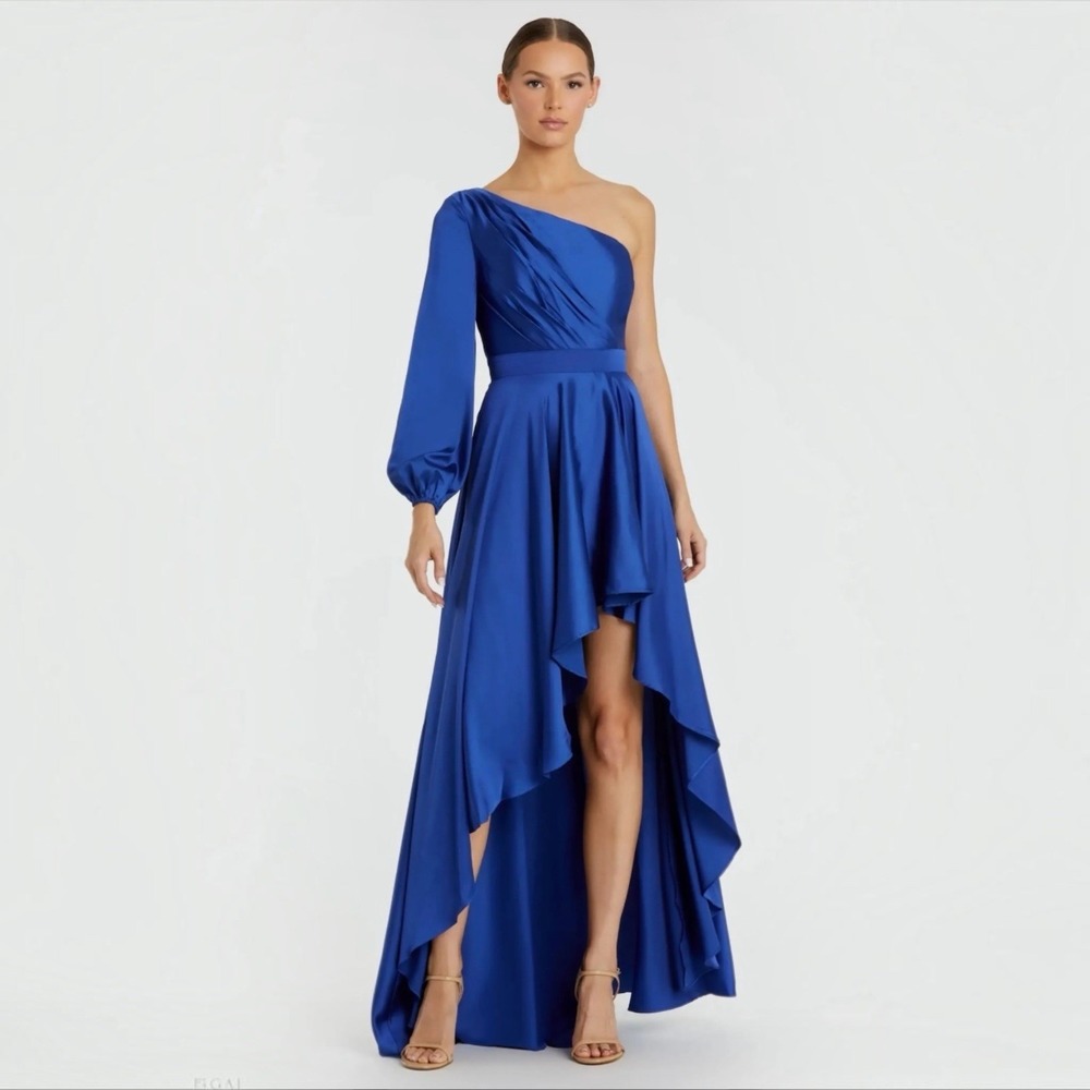 MAC DUGGAL 49141 Cobalt Blue Gown Satin One Shoulder High Low Dress